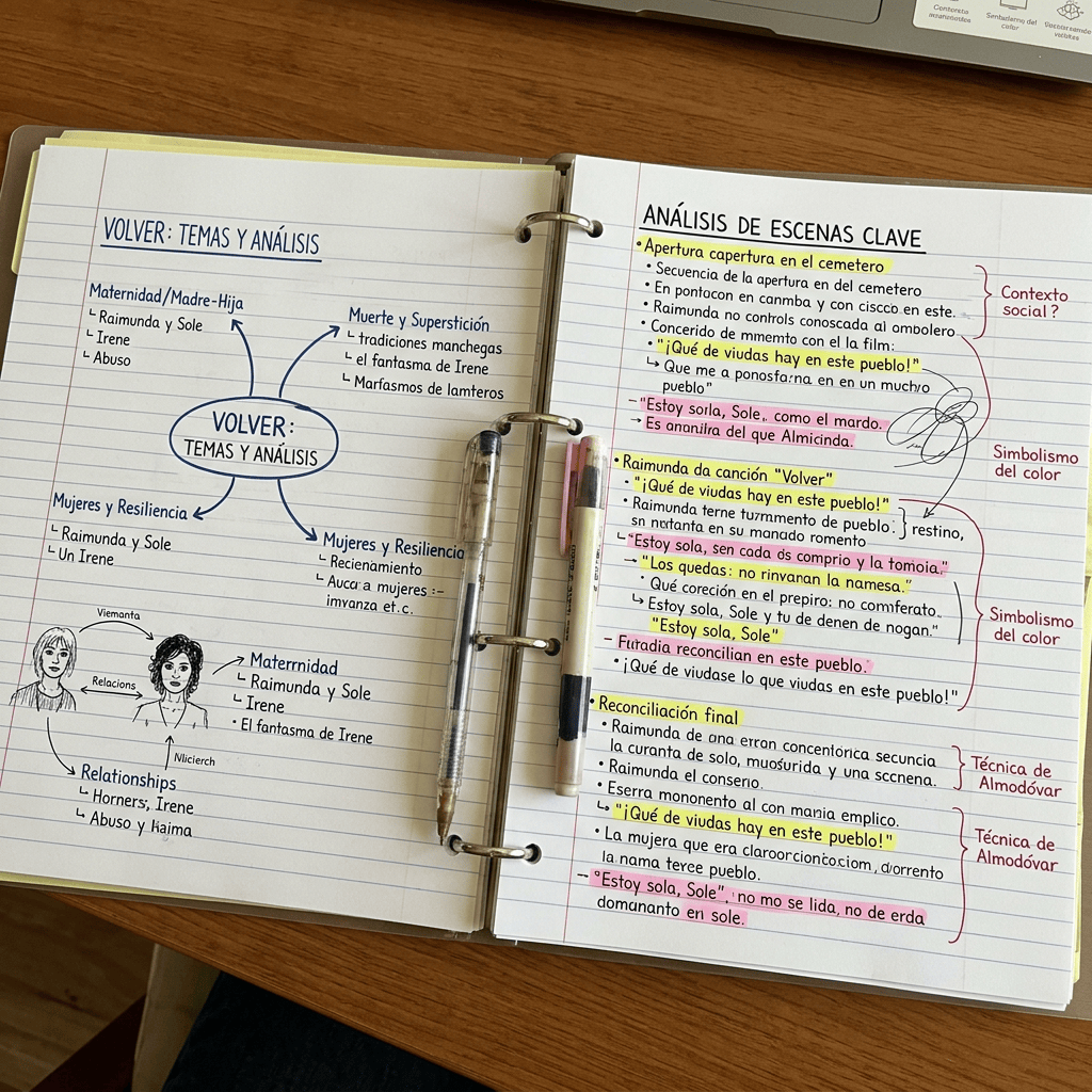 Handwritten academic notes focusing on themes and scene analysis from the film Volver.