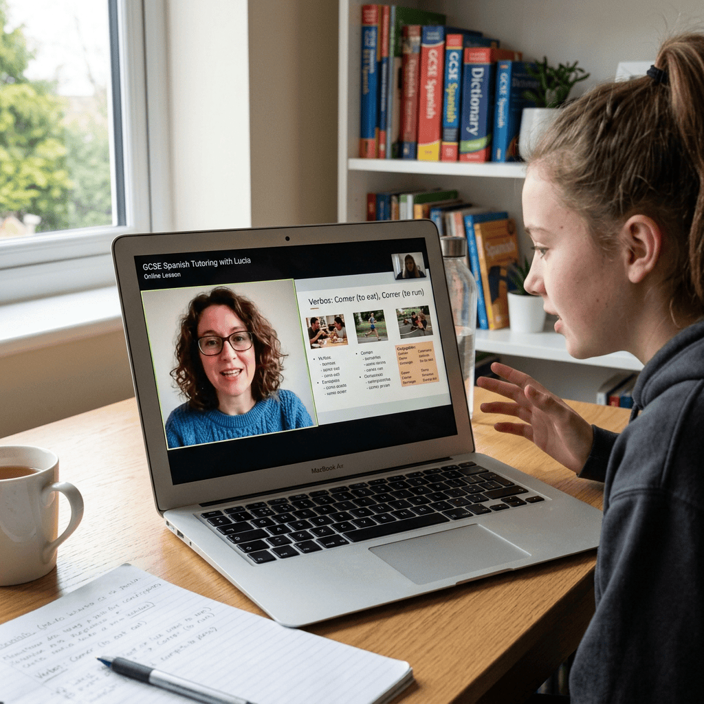 Student attending GCSE Spanish tutoring online with teacher on laptop