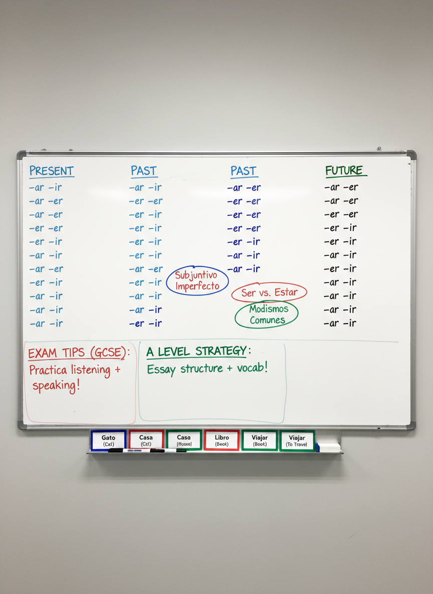 A large pristine whiteboard mounted on a light grey wall, filled with neatly handwritten Spanish verb conjugation tables, colour-coded GCSE and A level exam tips, and clearly circled key phrases in blue, red, and green marker. Magnetic flashcards with Spanish vocabulary are arranged methodically along the bottom edge. On a slim metal ledge, an orderly row of markers and an eraser rest. Soft overhead classroom lighting casts even illumination with minimal shadows, enhancing the clarity of every word. Photographic realism, shot straight-on at eye level with sharp focus across the entire surface. The atmosphere is professional, structured, and reassuring, evoking a dedicated exam-focused Spanish tutoring environment that is highly organized and supportive.