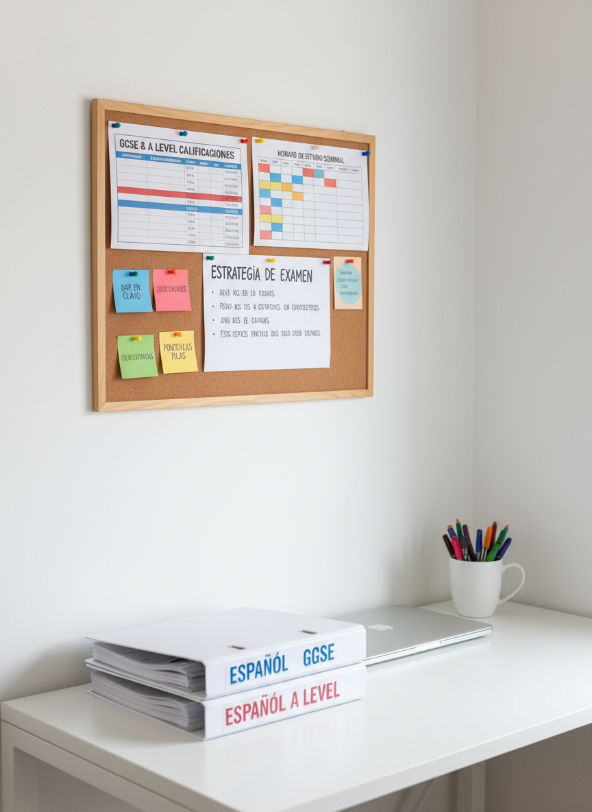 A tidy corner of a home study space with a compact cork noticeboard mounted above a minimalist white desk. The board is pinned with colourful Spanish revision materials: neatly printed GCSE and A level grade boundaries, a structured weekly study schedule, small flashcards with Spanish idioms, and a prominently placed list titled “Exam Strategy in Spanish”. On the desk sits a small stack of organised binders labeled “GCSE Spanish” and “A Level Spanish”, along with a closed laptop and a cup filled with fine-tip pens. Soft, overcast daylight filters through an unseen window, giving even, gentle illumination. Photographic realism, shot from a slight side angle, with moderate depth of field to keep both board and desk details visible. The mood is reassuring, methodical, and highly professional, embodying structured, tailored exam support.